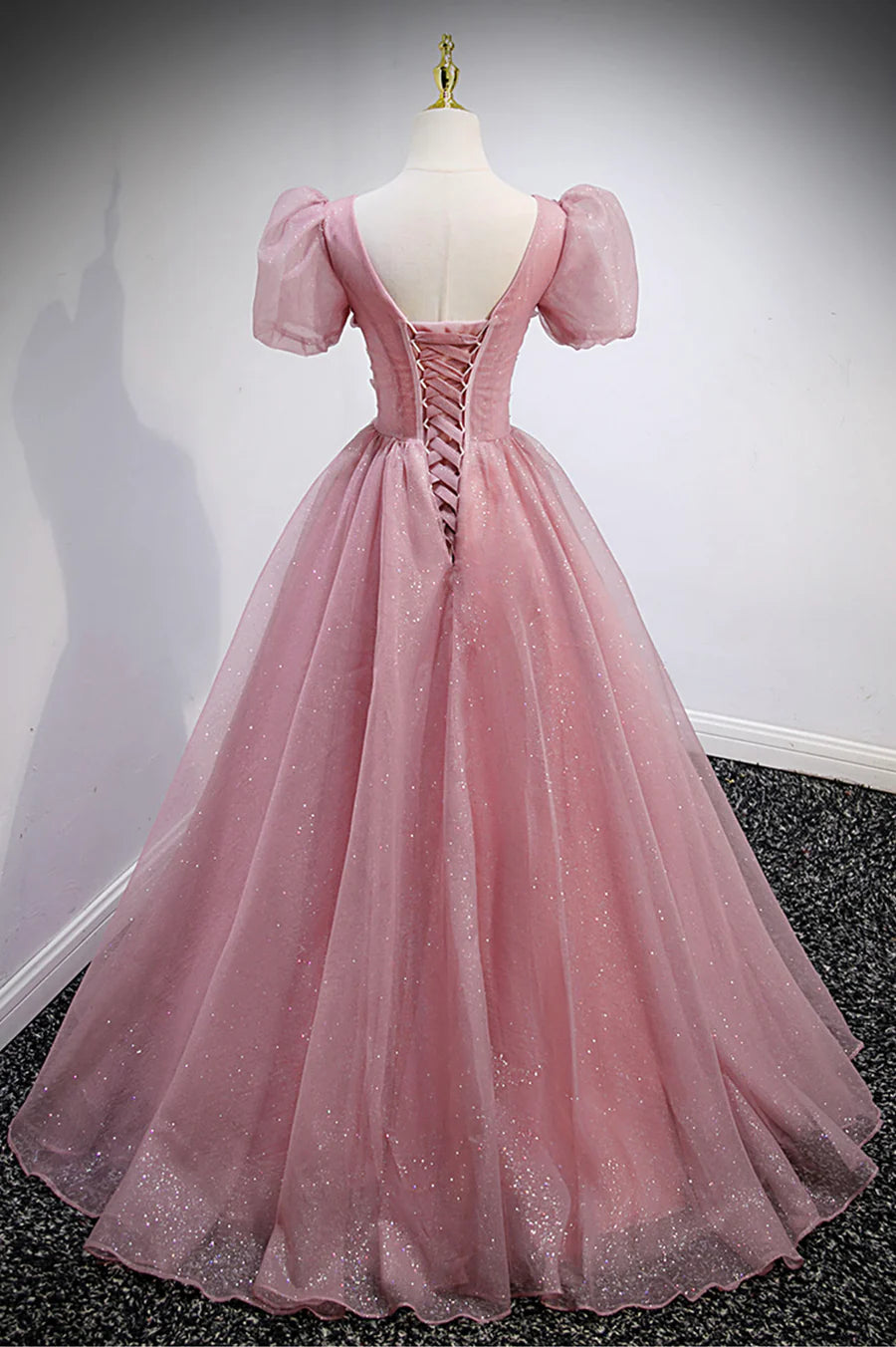A-Line V-Neck Beaded Applique Tulle Pink Long Prom Dresses Evening Dresses