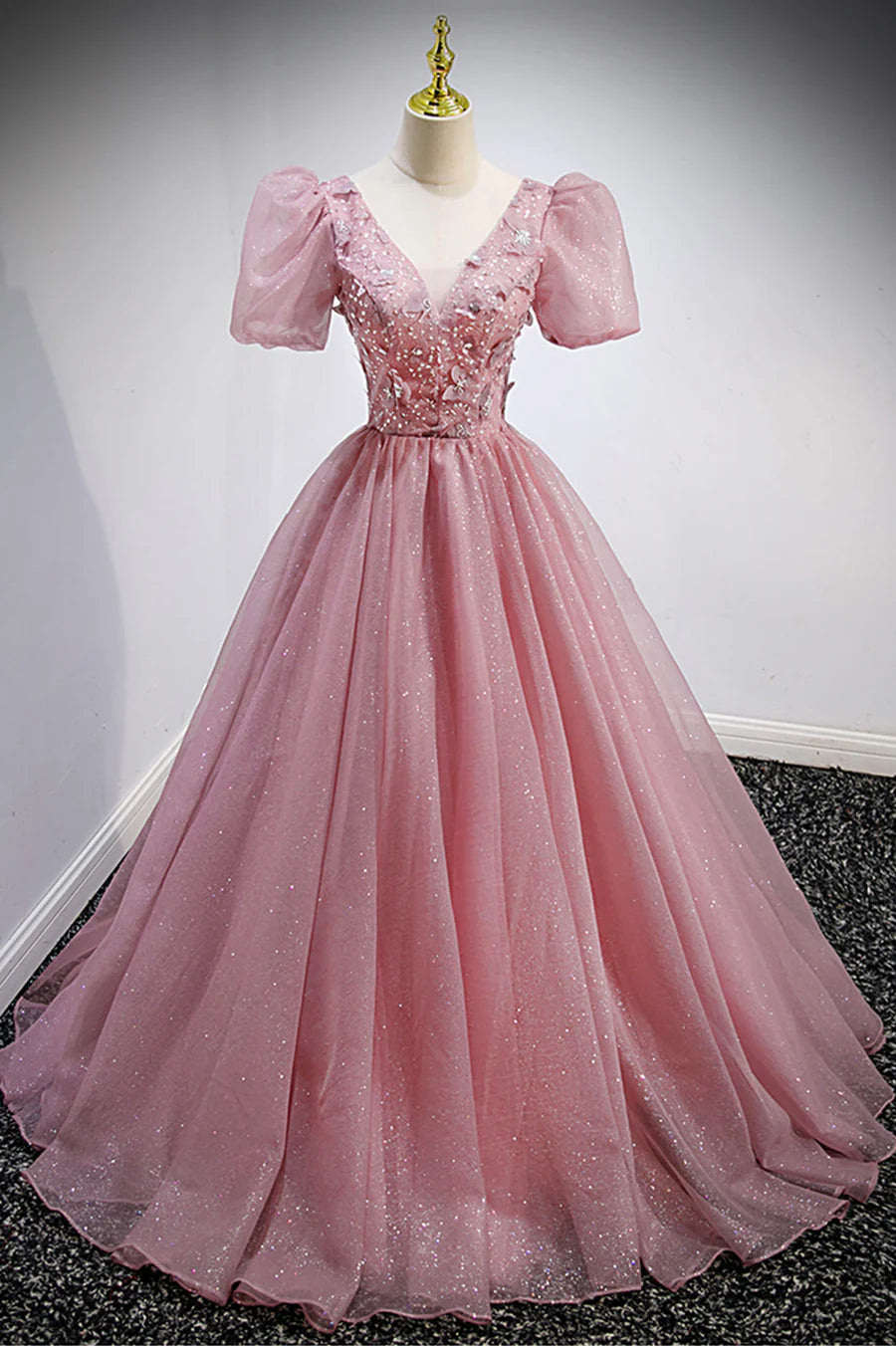 A-Line V-Neck Beaded Applique Tulle Pink Long Prom Dresses Evening Dresses