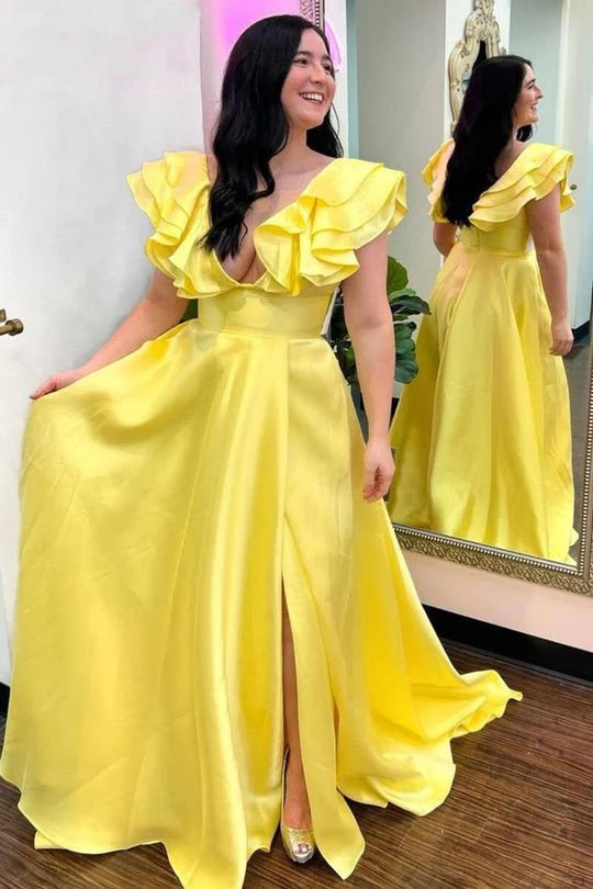 A-Line V-Neck Cap Sleeves Ruffle Satin Hot Pink Long Evening Dress