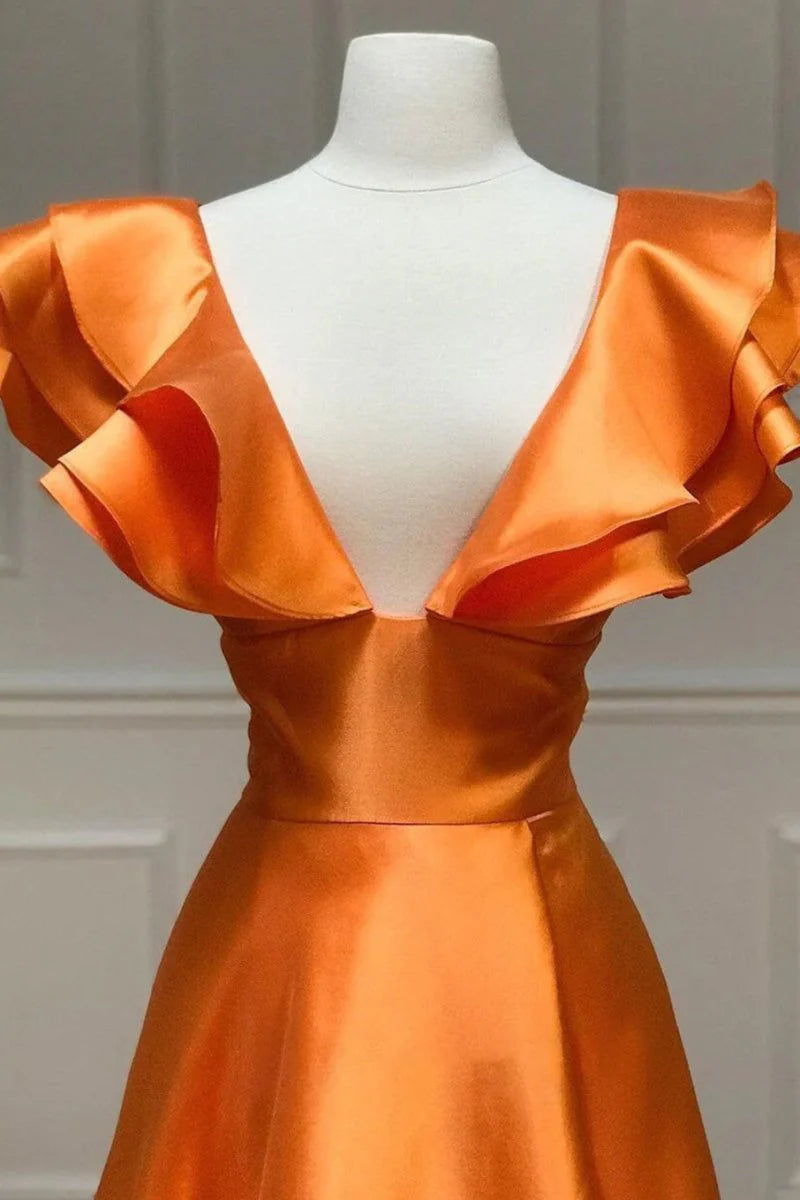 A-Line V-Neck Cap Sleeves Ruffle Satin Hot Pink Long Evening Dress