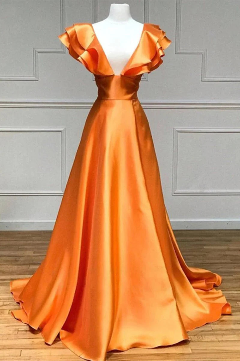 A-Line V-Neck Cap Sleeves Ruffle Satin Hot Pink Long Evening Dress