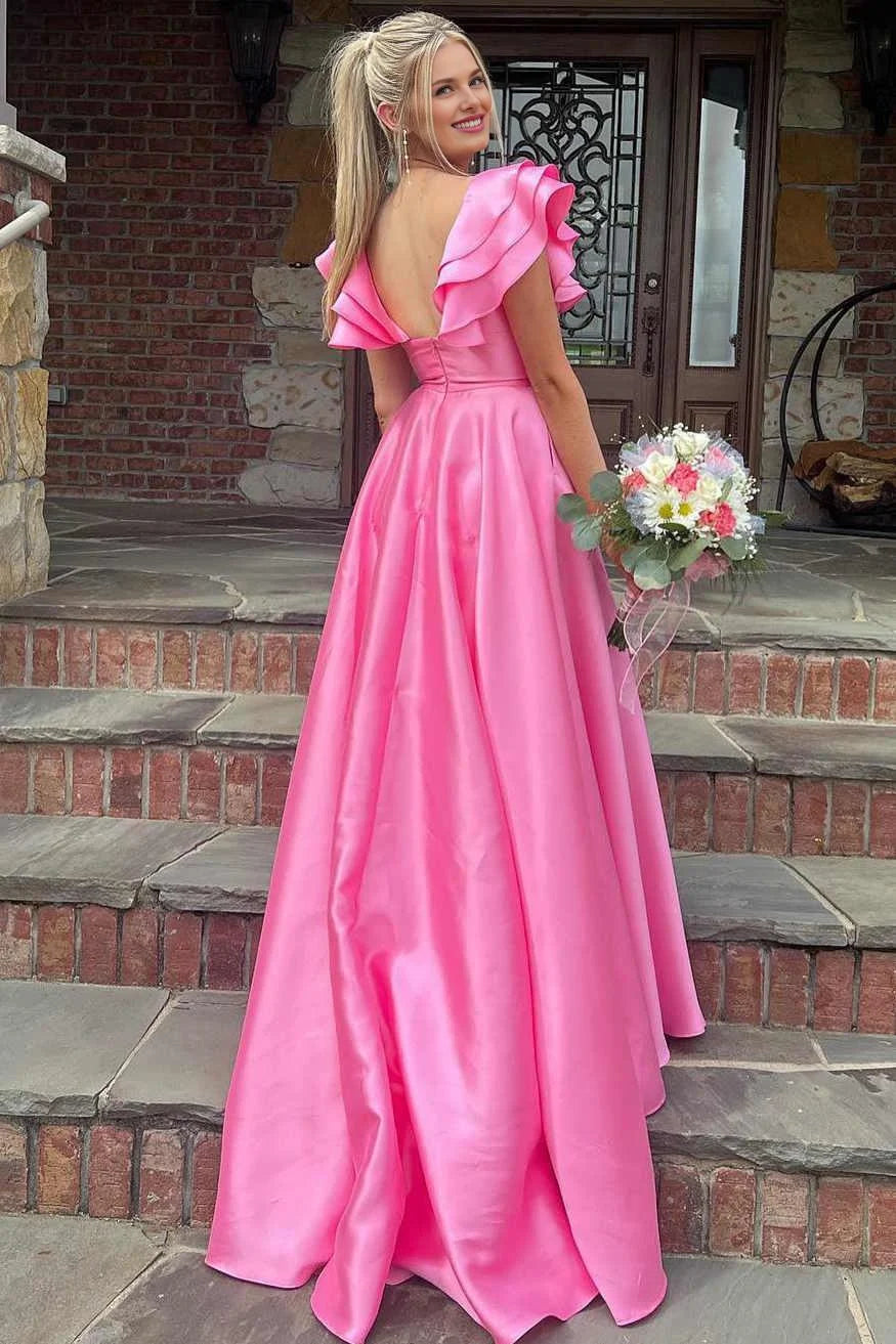 A-Line V-Neck Cap Sleeves Ruffle Satin Hot Pink Long Evening Dress