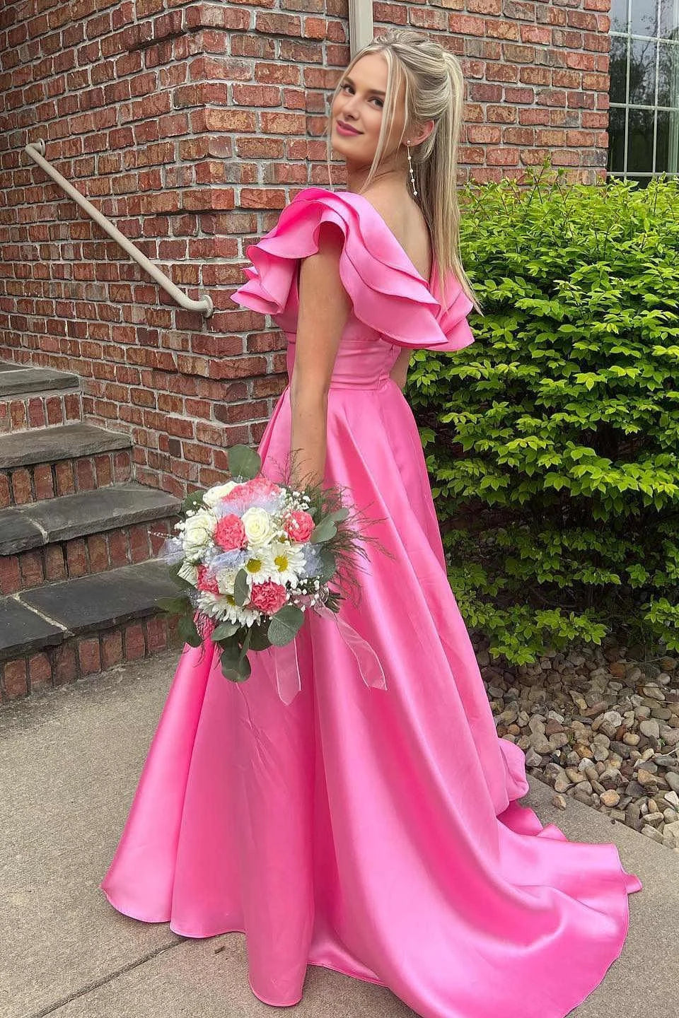 A-Line V-Neck Cap Sleeves Ruffle Satin Hot Pink Long Evening Dress