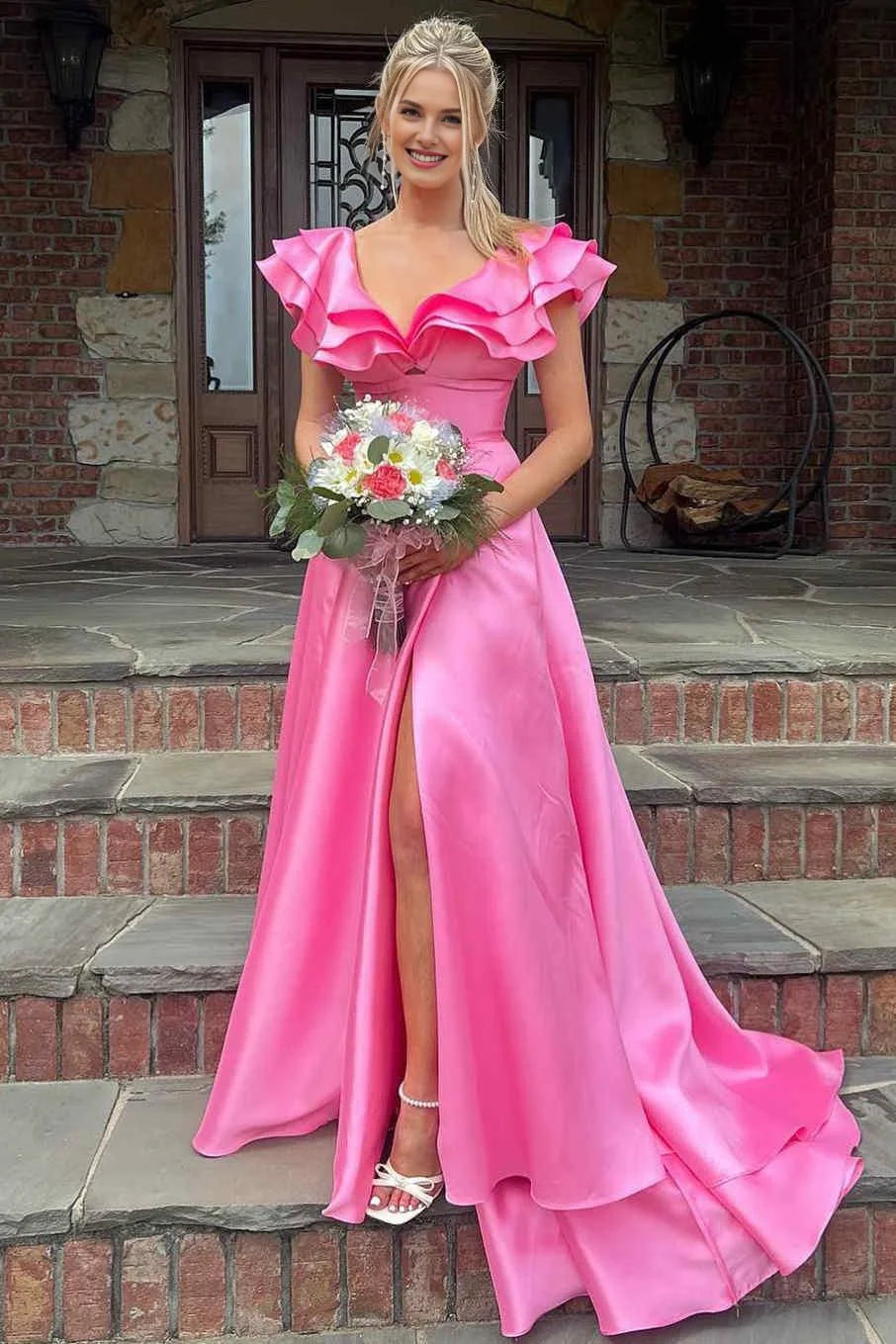 A-Line V-Neck Cap Sleeves Ruffle Satin Hot Pink Long Evening Dress