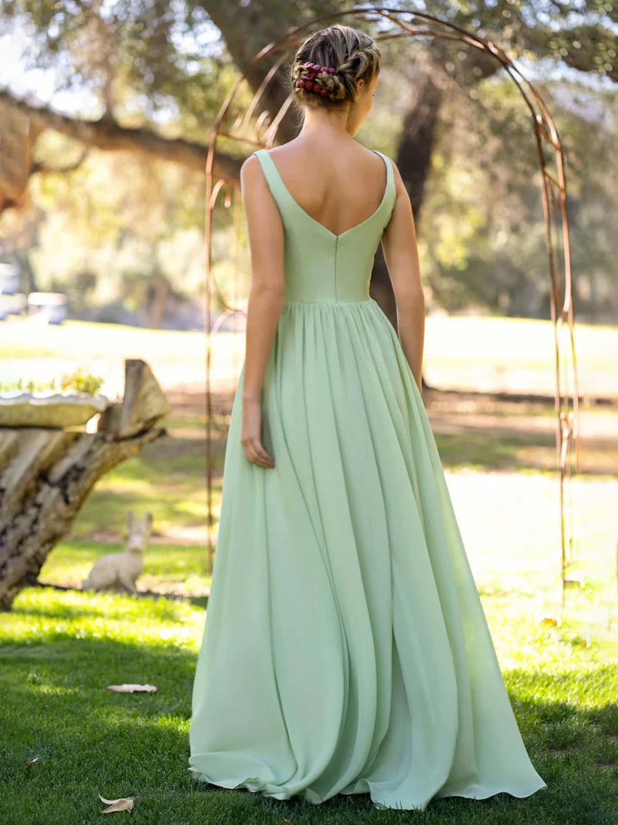 A-Line V-Neck Pleated Chiffon Sage Floor-Length Bridesmaid Dress