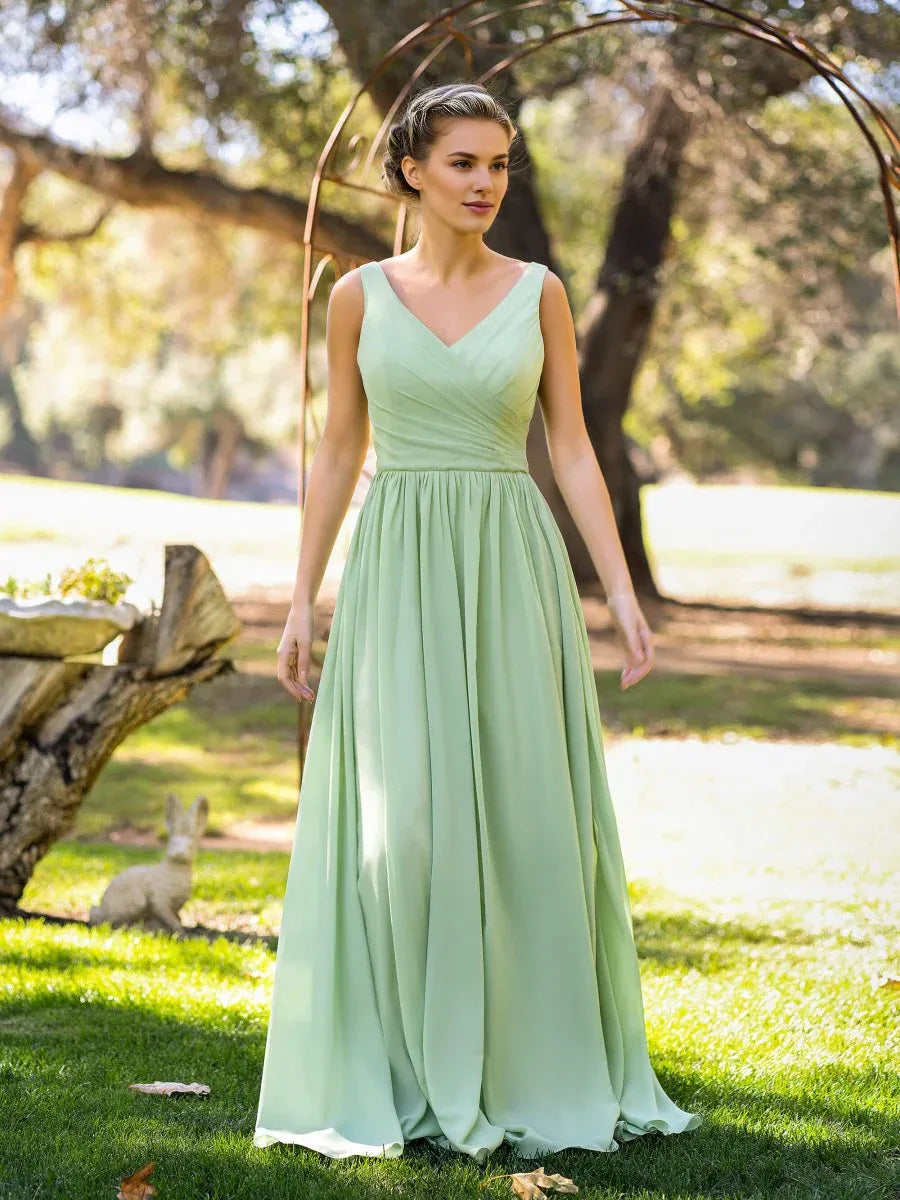 A-Line V-Neck Pleated Chiffon Sage Floor-Length Bridesmaid Dress