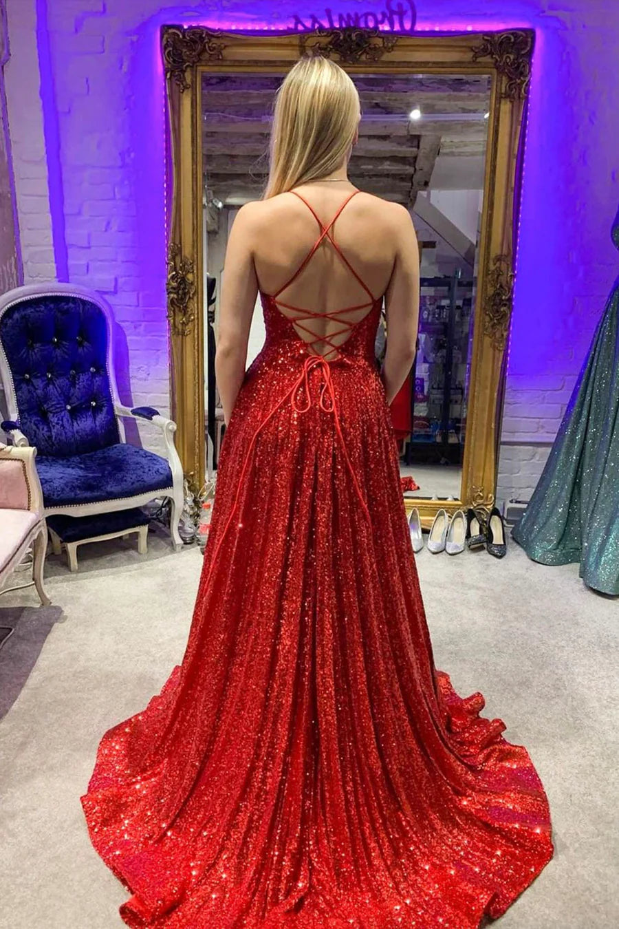 A-Line V-Neck Cross-Strap Back Sequins Red Long Prom Dresses With Slit