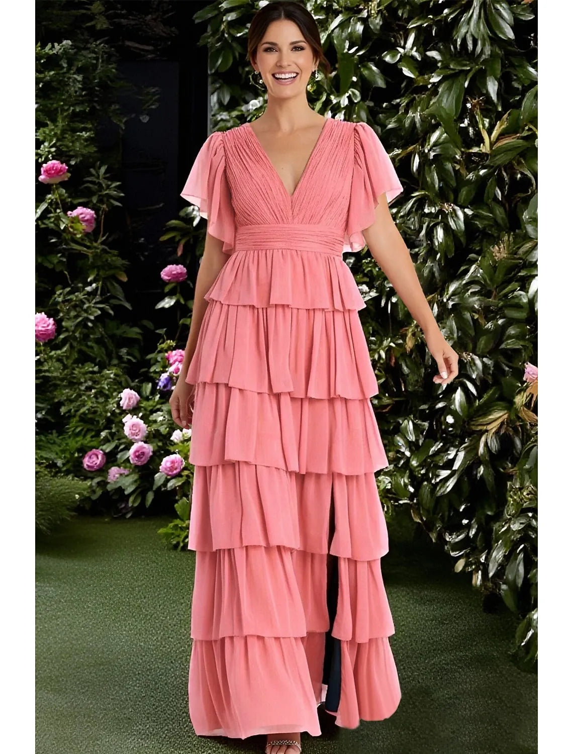 A-Line V-Neck Flutter Sleeve Tiered Ruffle Chiffon Coral Maxi Prom Dress