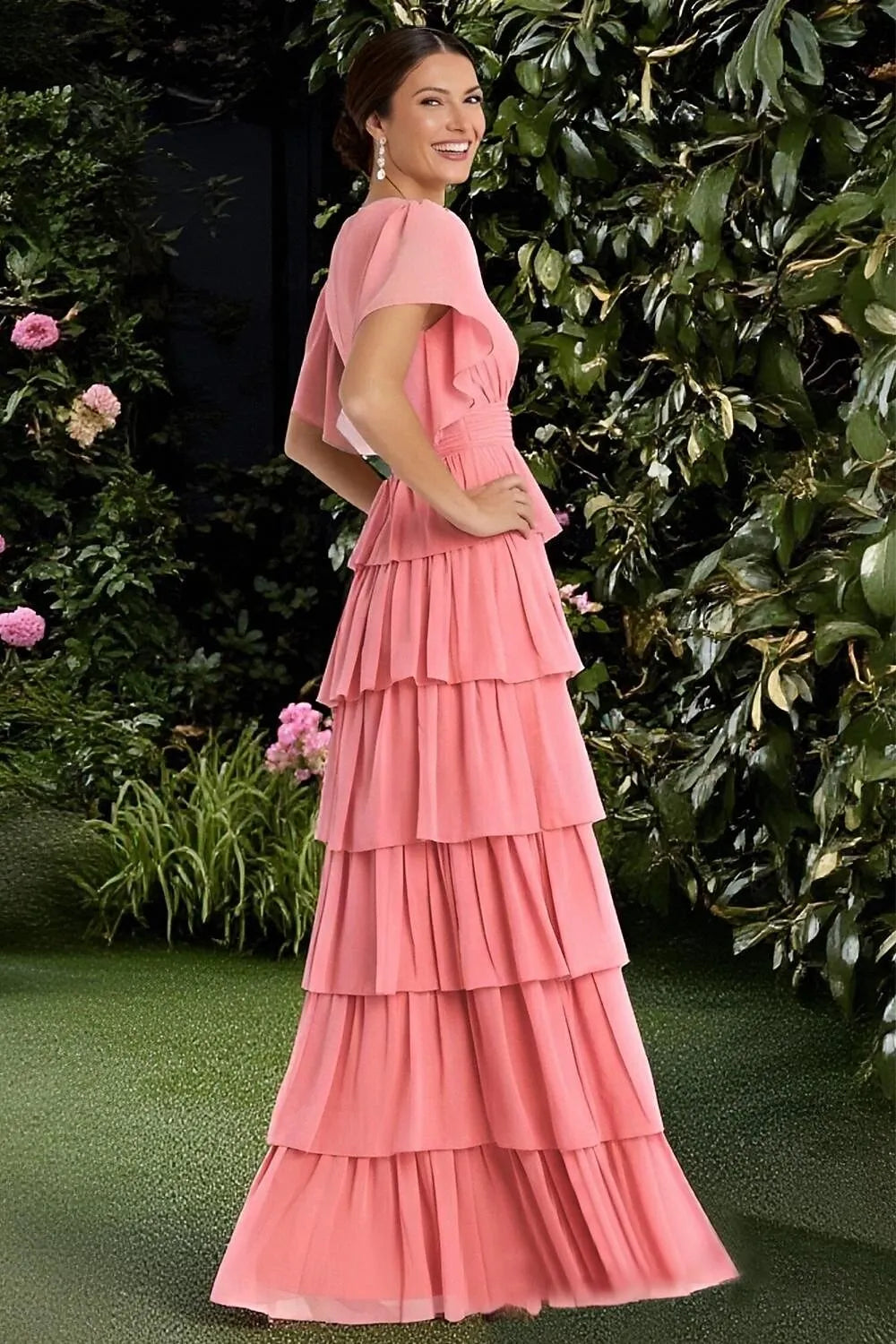 A-Line V-Neck Flutter Sleeve Tiered Ruffle Chiffon Coral Maxi Prom Dress
