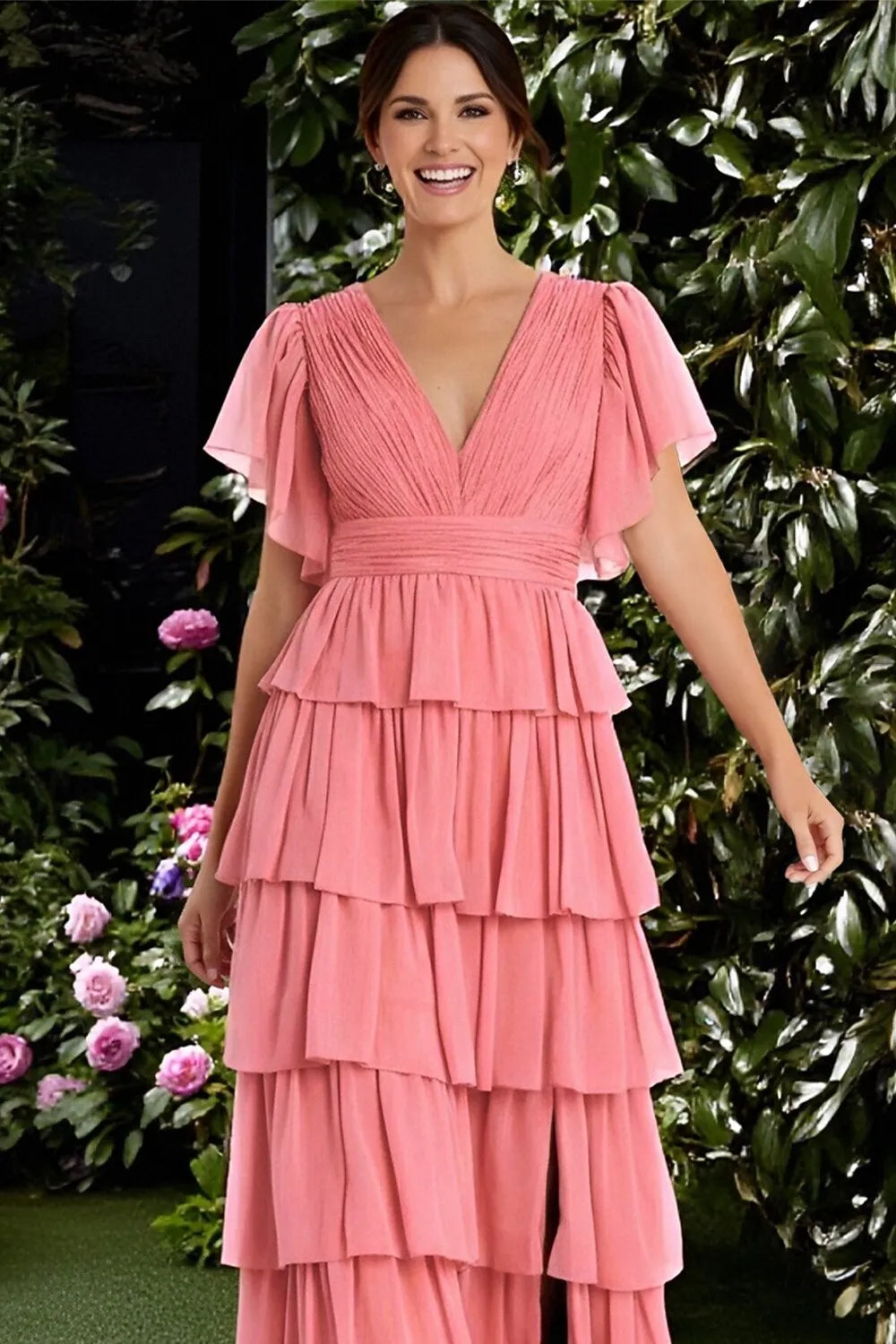 A-Line V-Neck Flutter Sleeve Tiered Ruffle Chiffon Coral Maxi Prom Dress