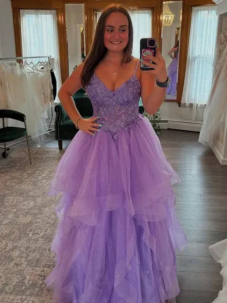A-Line V-Neck Lace Applique Layers Ruffle Tulle Lavender Long Prom Dress