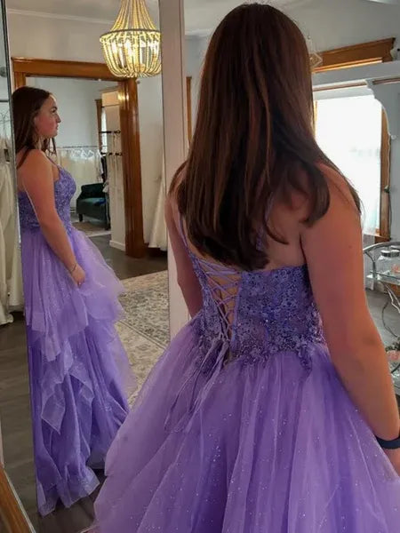 A-Line V-Neck Lace Applique Layers Ruffle Tulle Lavender Long Prom Dress