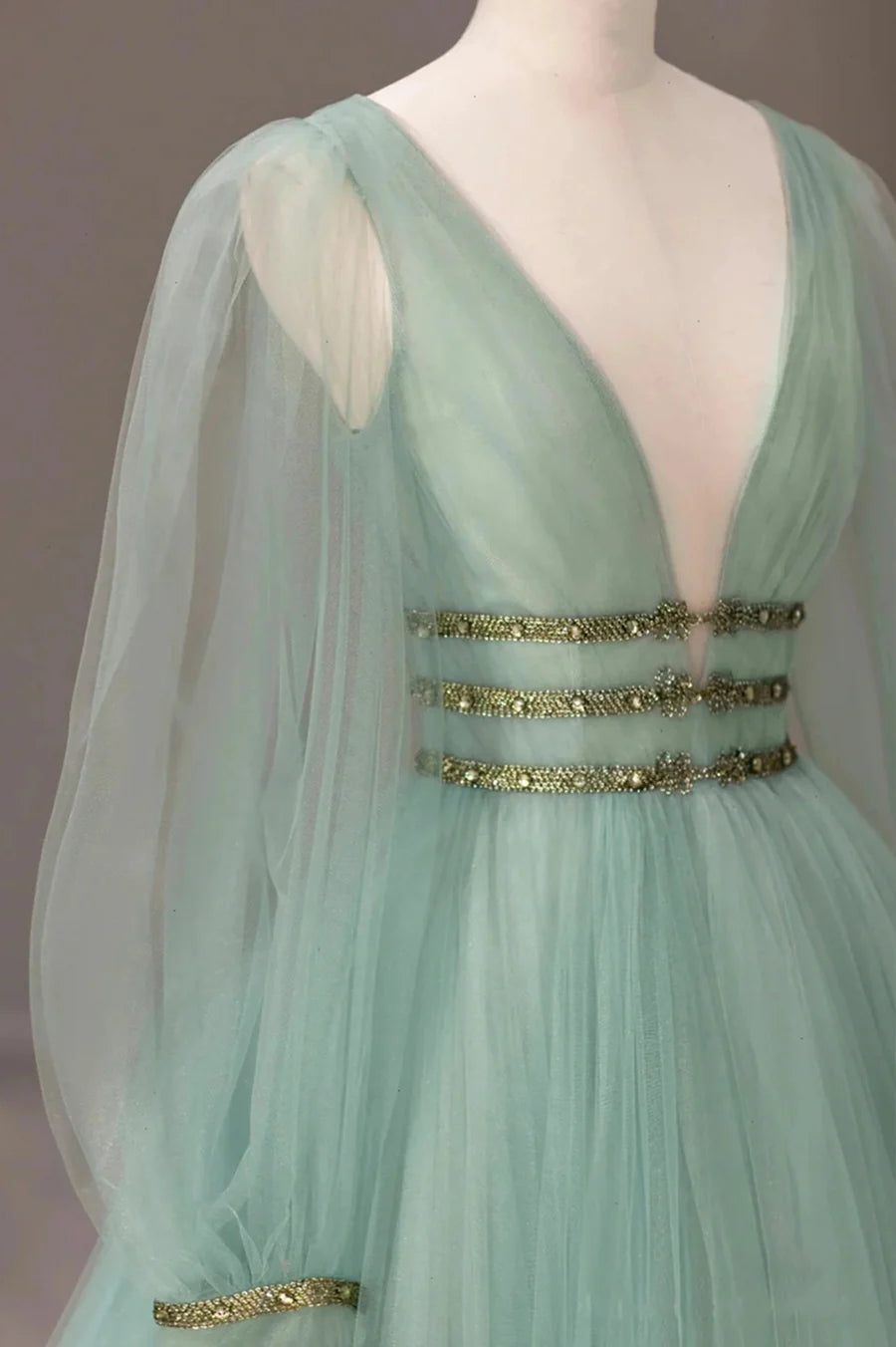 A-Line V-Neck Long Sleeve Beaded Tulle Green Long Prom Dress With Train