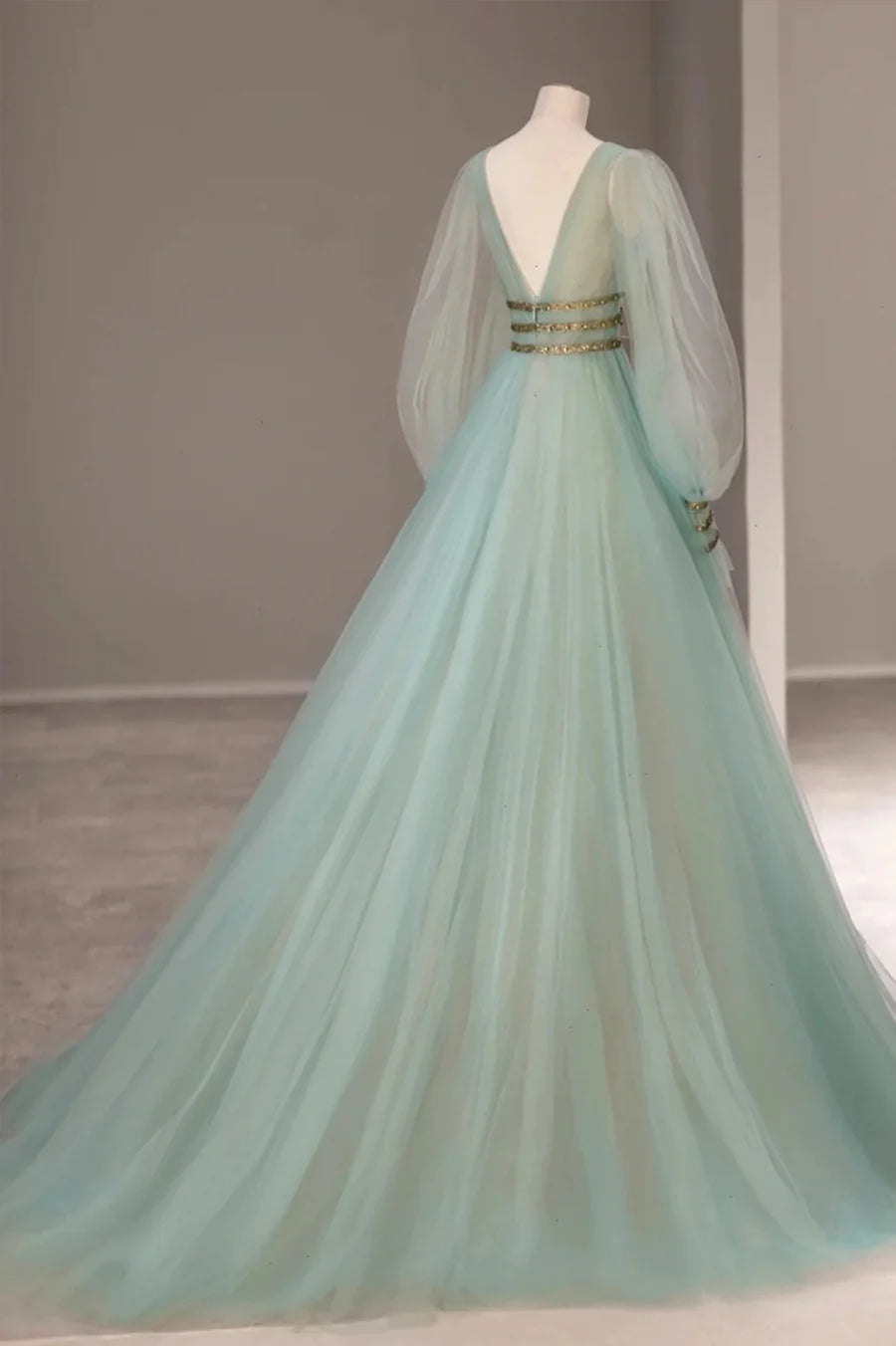A-Line V-Neck Long Sleeve Beaded Tulle Green Long Prom Dress With Train