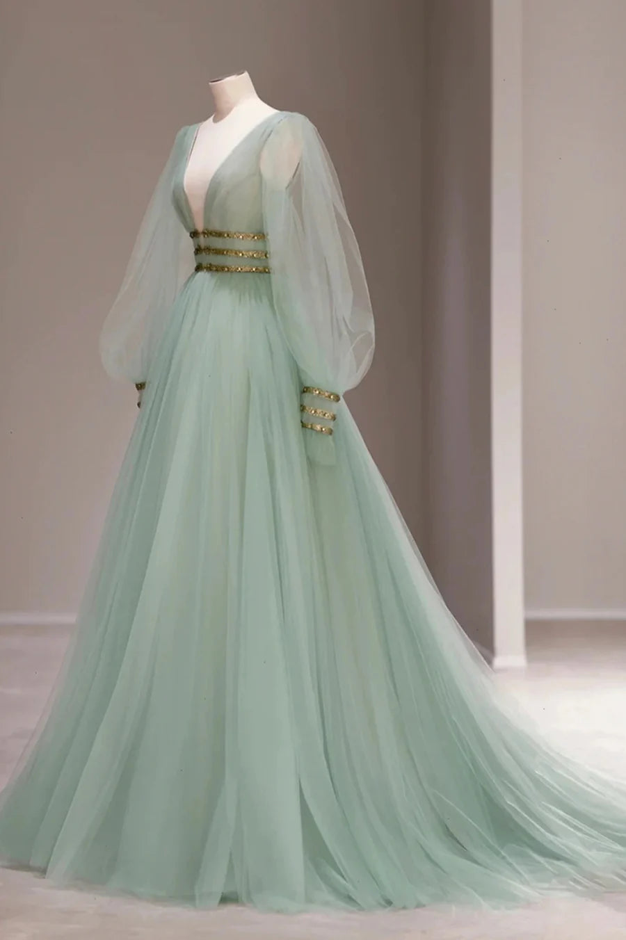 A-Line V-Neck Long Sleeve Beaded Tulle Green Long Prom Dress With Train