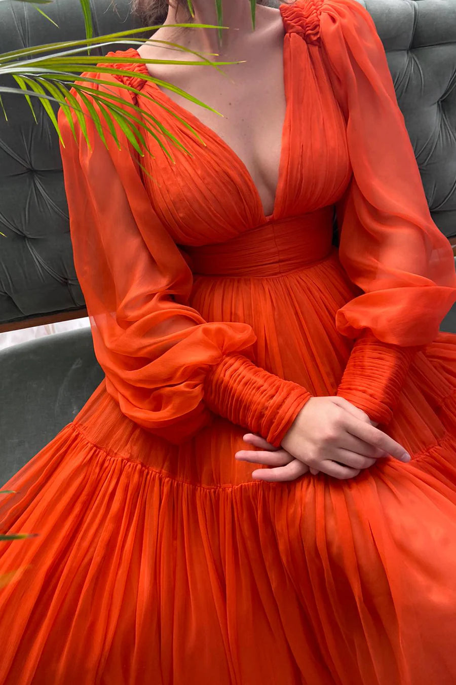 A-Line V-Neck Long Sleeve Pleated Chiffon Orange Floor Length Prom Dress
