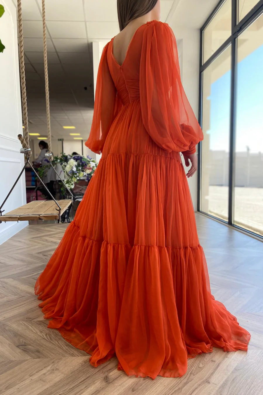 A-Line V-Neck Long Sleeve Pleated Chiffon Orange Floor Length Prom Dress