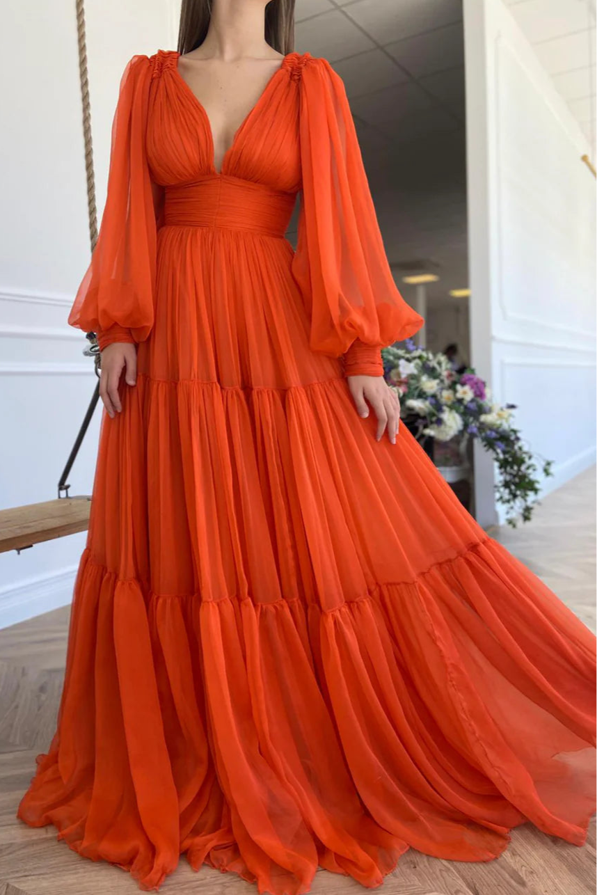 A-Line V-Neck Long Sleeve Pleated Chiffon Orange Floor Length Prom Dress