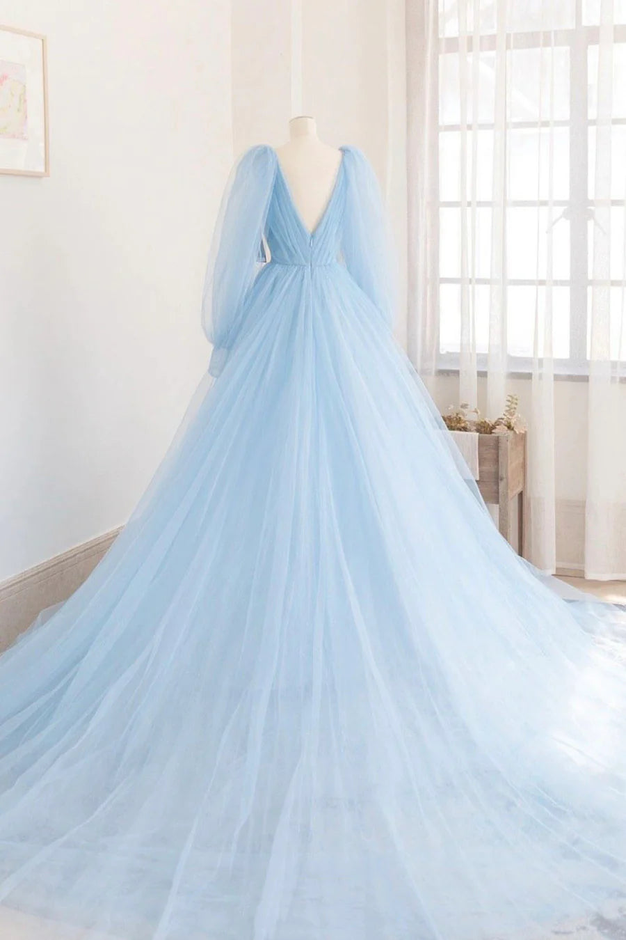 A-Line V-Neck Long Sleeve Pleated Tulle Blue Long Prom Dress With Train