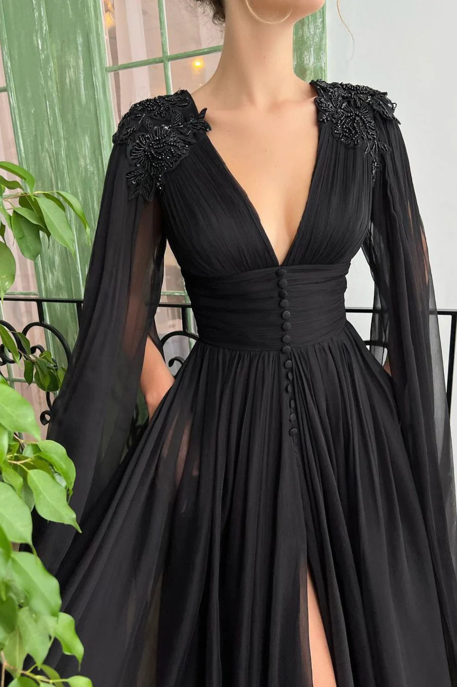 A-Line V-Neck Long Sleeves Beaded Chiffon Black Long Prom Dress With Slit