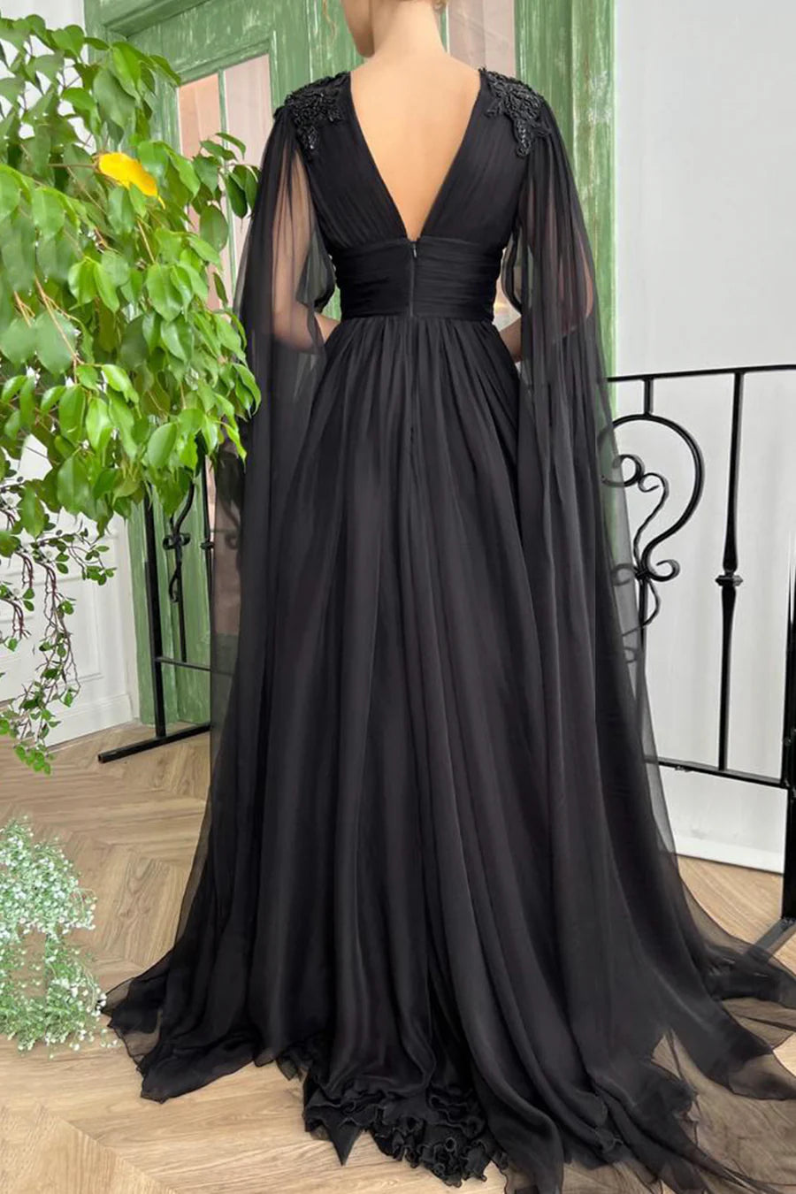 A-Line V-Neck Long Sleeves Beaded Chiffon Black Long Prom Dress With Slit