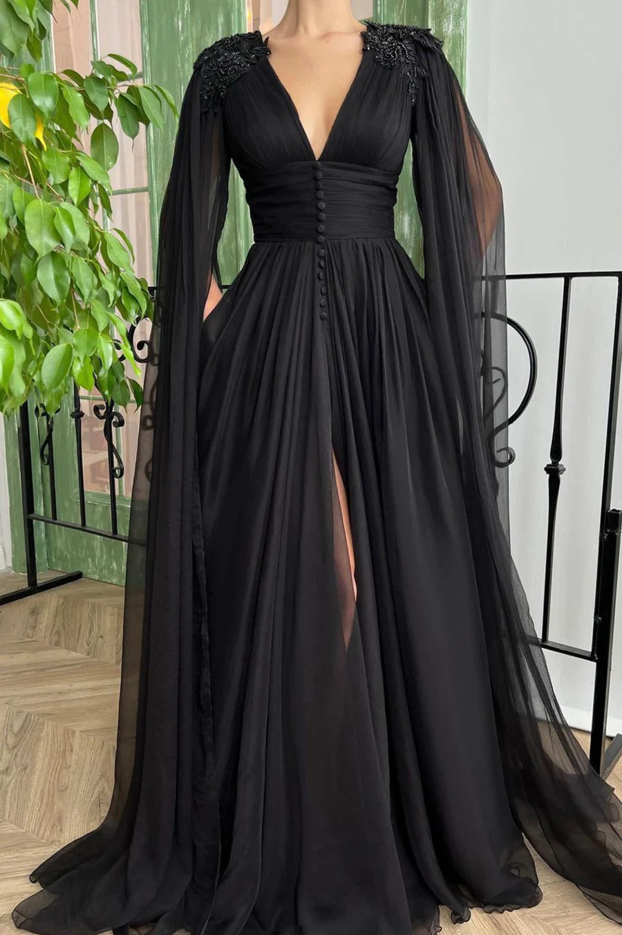 A-Line V-Neck Long Sleeves Beaded Chiffon Black Long Prom Dress With Slit