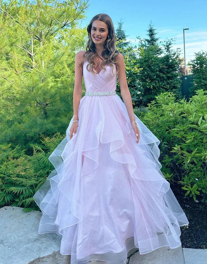 A-Line V-Neck Pleated Ruffled Tulle Lilac Prom Dress With Beading Belt
