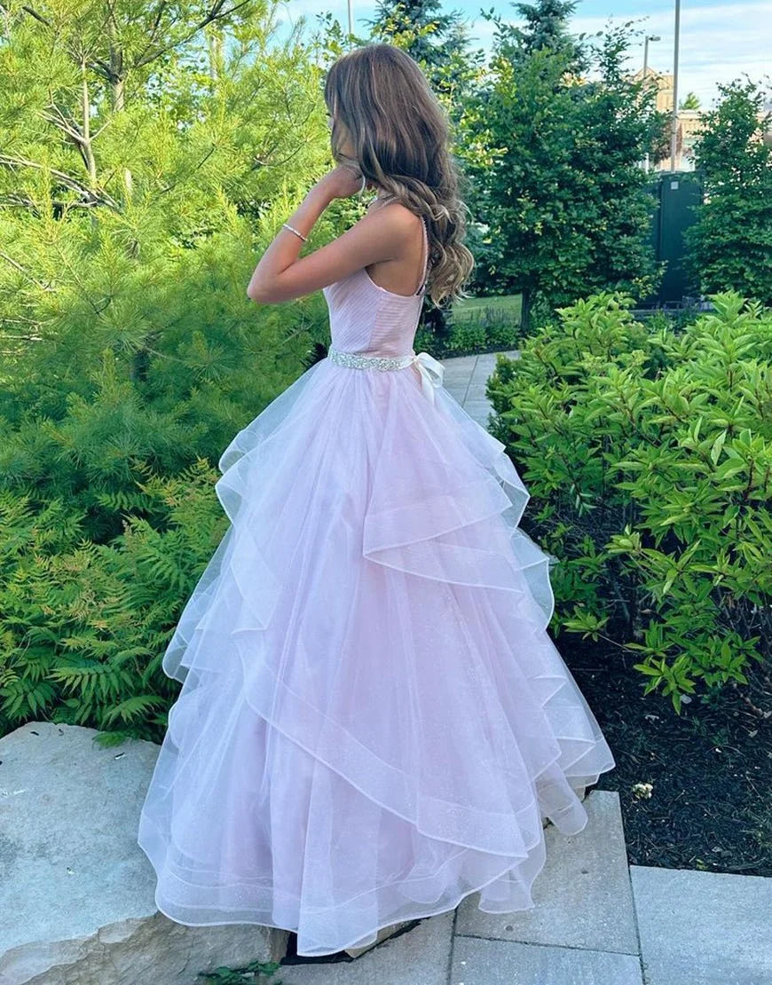 A-Line V-Neck Pleated Ruffled Tulle Lilac Prom Dress With Beading Belt