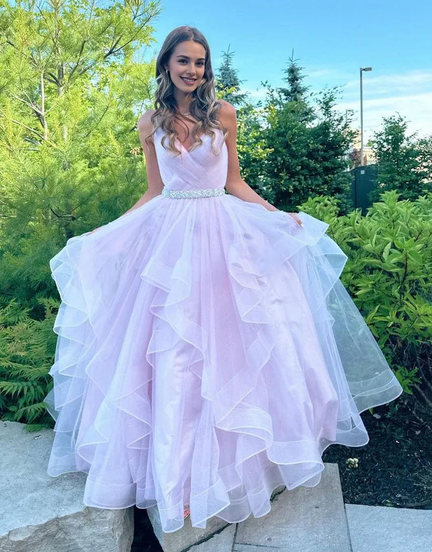A-Line V-Neck Pleated Ruffled Tulle Lilac Prom Dress With Beading Belt