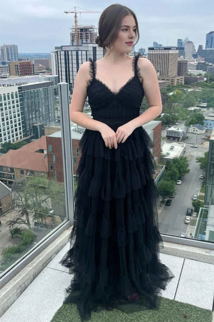 A-Line V-Neck Pleated Tiered Ruffles Tulle Black Prom Dress For Women