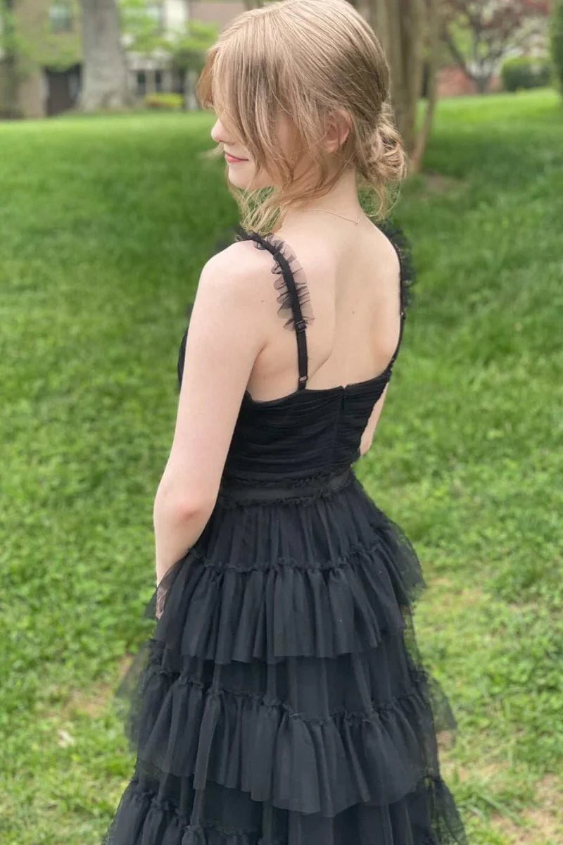 A-Line V-Neck Pleated Tiered Ruffles Tulle Black Prom Dress For Women