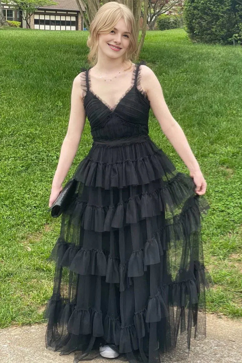 A-Line V-Neck Pleated Tiered Ruffles Tulle Black Prom Dress For Women