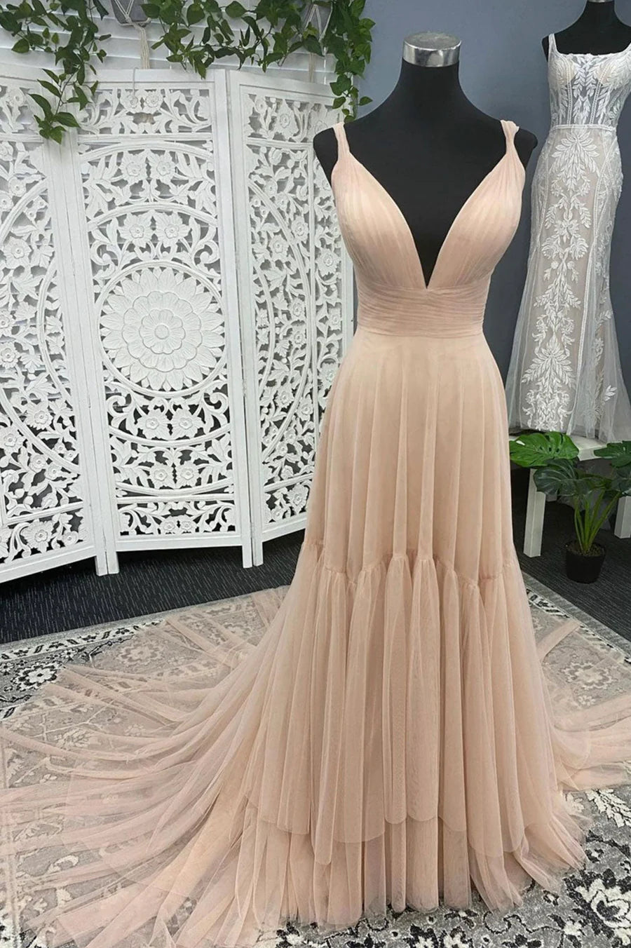 A-Line V-Neck Pleated Tulle Long Prom Dresses Evening Dresses With Train