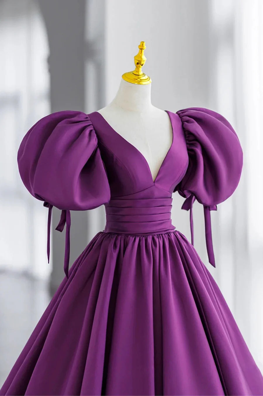 A-Line V-Neck Puff Sleeves Pleated Satin Purple Long Prom Dress With Short Train