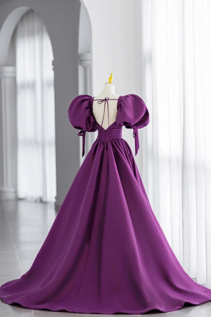 A-Line V-Neck Puff Sleeves Pleated Satin Purple Long Prom Dress With Short Train