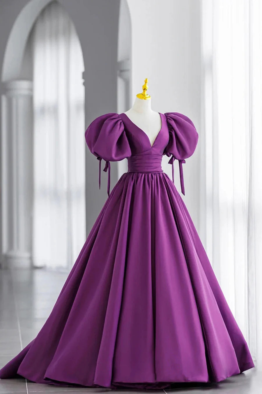 A-Line V-Neck Puff Sleeves Pleated Satin Purple Long Prom Dress With Short Train