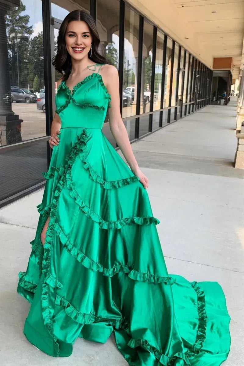A-Line V-Neck Ruffle Backless Green Long Prom Dress With Slit