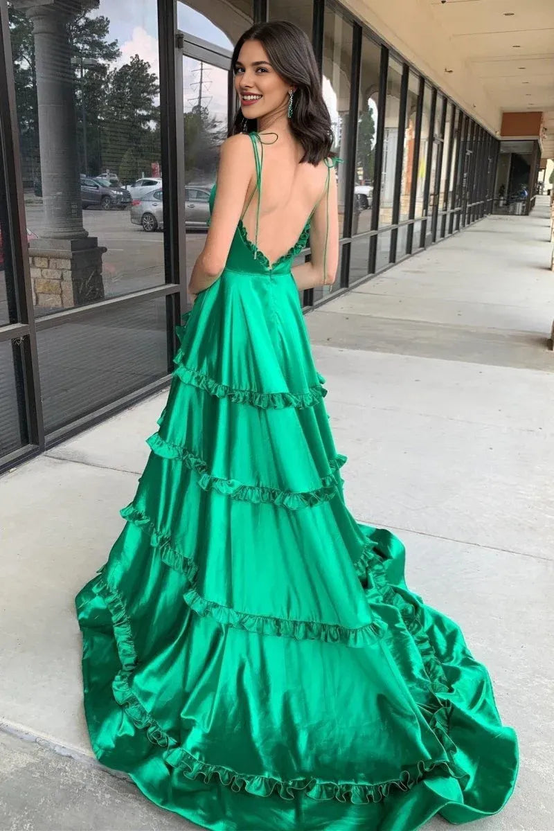 A-Line V-Neck Ruffle Backless Green Long Prom Dress With Slit