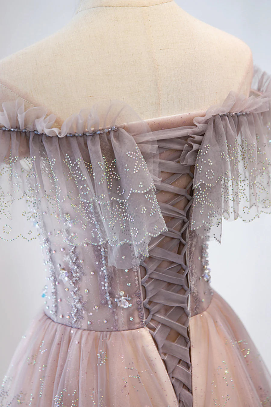 A-Line V-Neck Ruffle Beaded Floral Lace Tulle Pink Long Formal Prom Dress