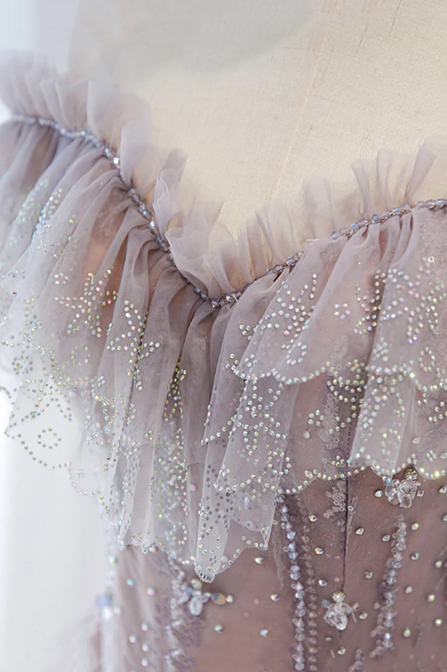 A-Line V-Neck Ruffle Beaded Floral Lace Tulle Pink Long Formal Prom Dress