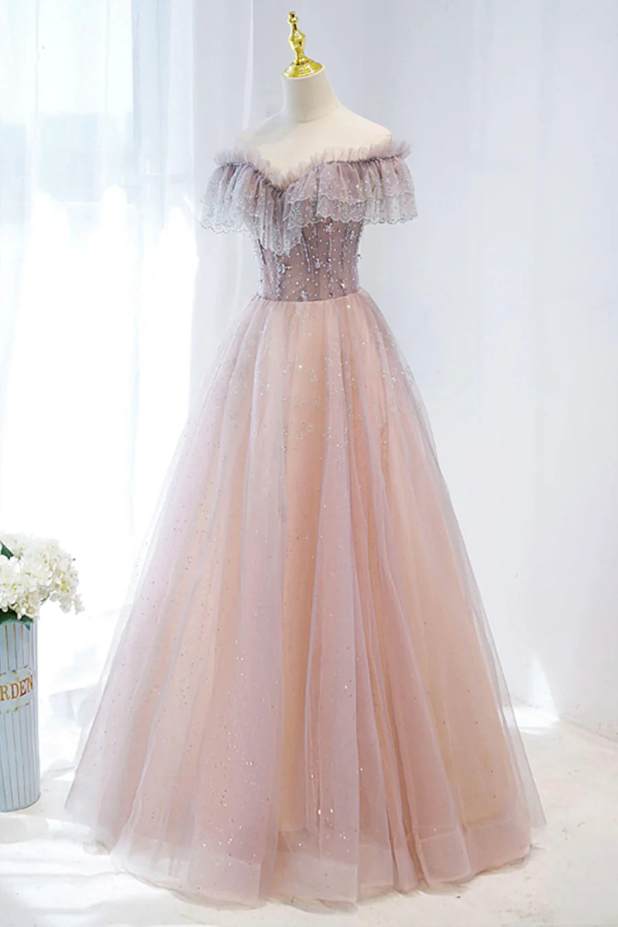 A-Line V-Neck Ruffle Beaded Floral Lace Tulle Pink Long Formal Prom Dress