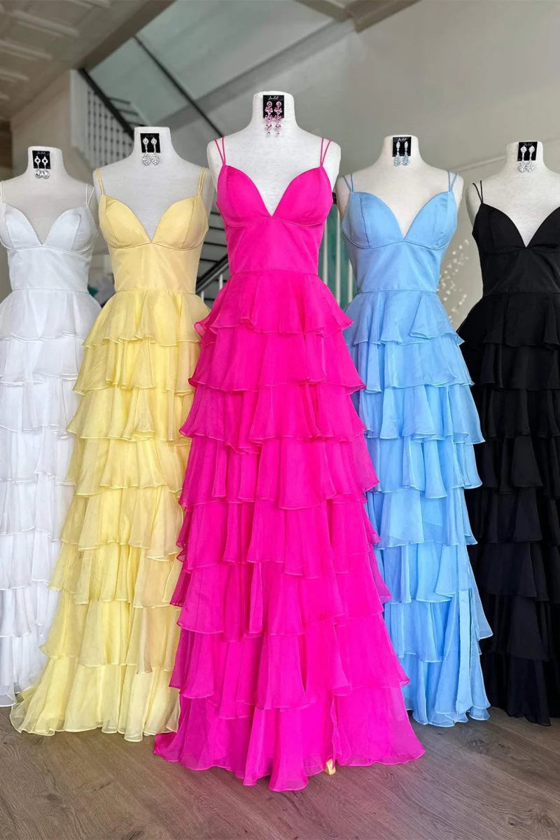 A-Line V-Neck Ruffle Tiered Chiffon Fuchsia Prom Dress With Slit