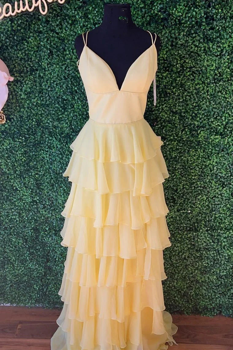 A-Line V-Neck Ruffle Tiered Chiffon Fuchsia Prom Dress With Slit