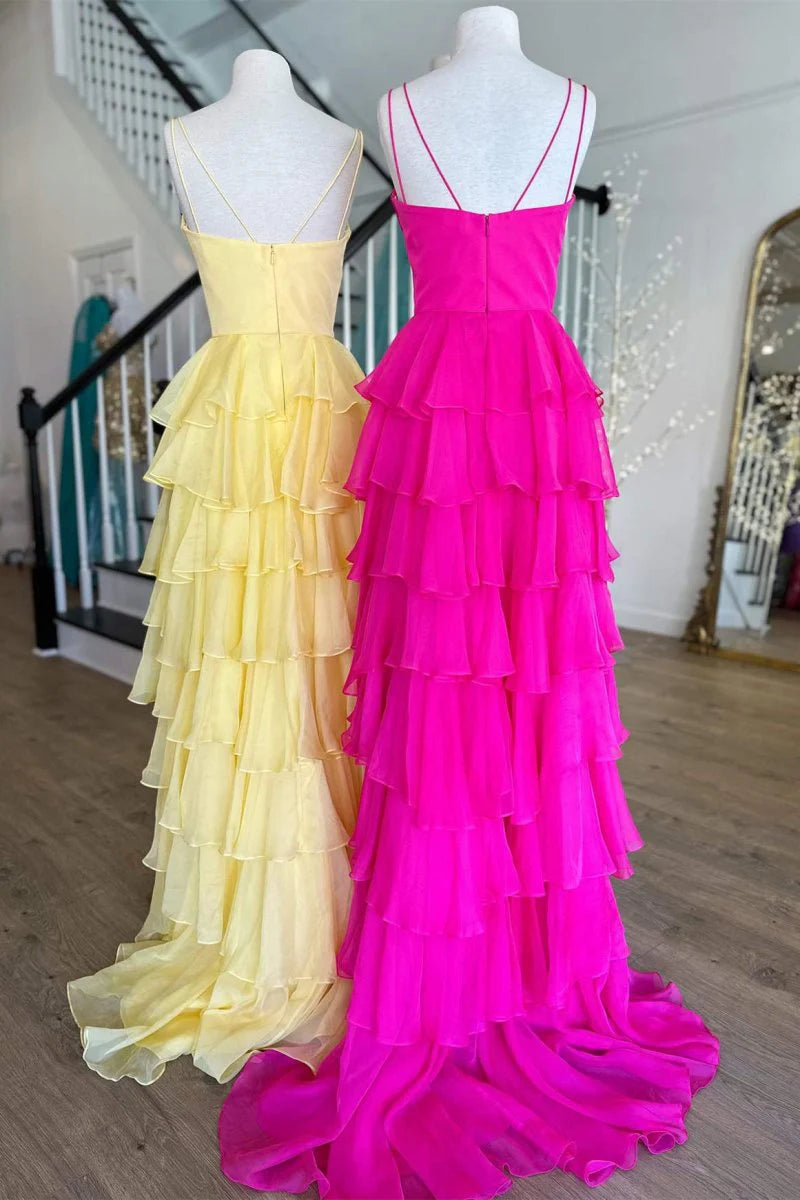A-Line V-Neck Ruffle Tiered Chiffon Fuchsia Prom Dress With Slit