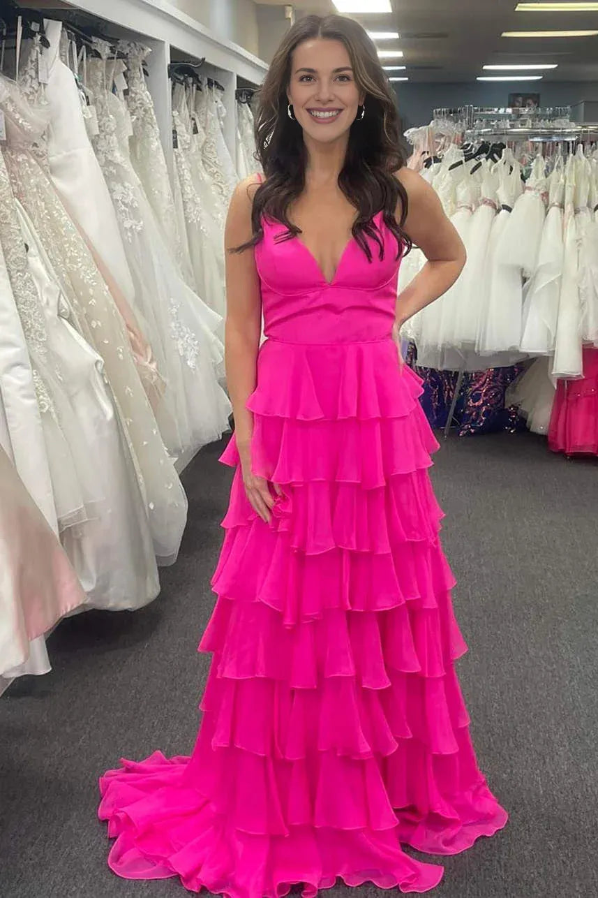 A-Line V-Neck Ruffle Tiered Chiffon Fuchsia Prom Dress With Slit