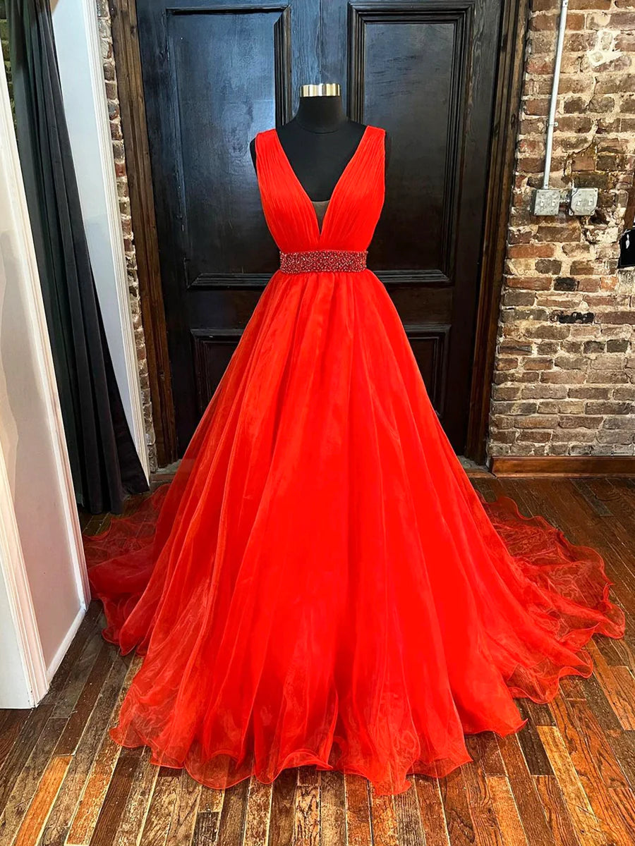 A-Line V-Neck Sleeveless Beaded Waist Tulle Red Long Prom Dress With Sweep Train