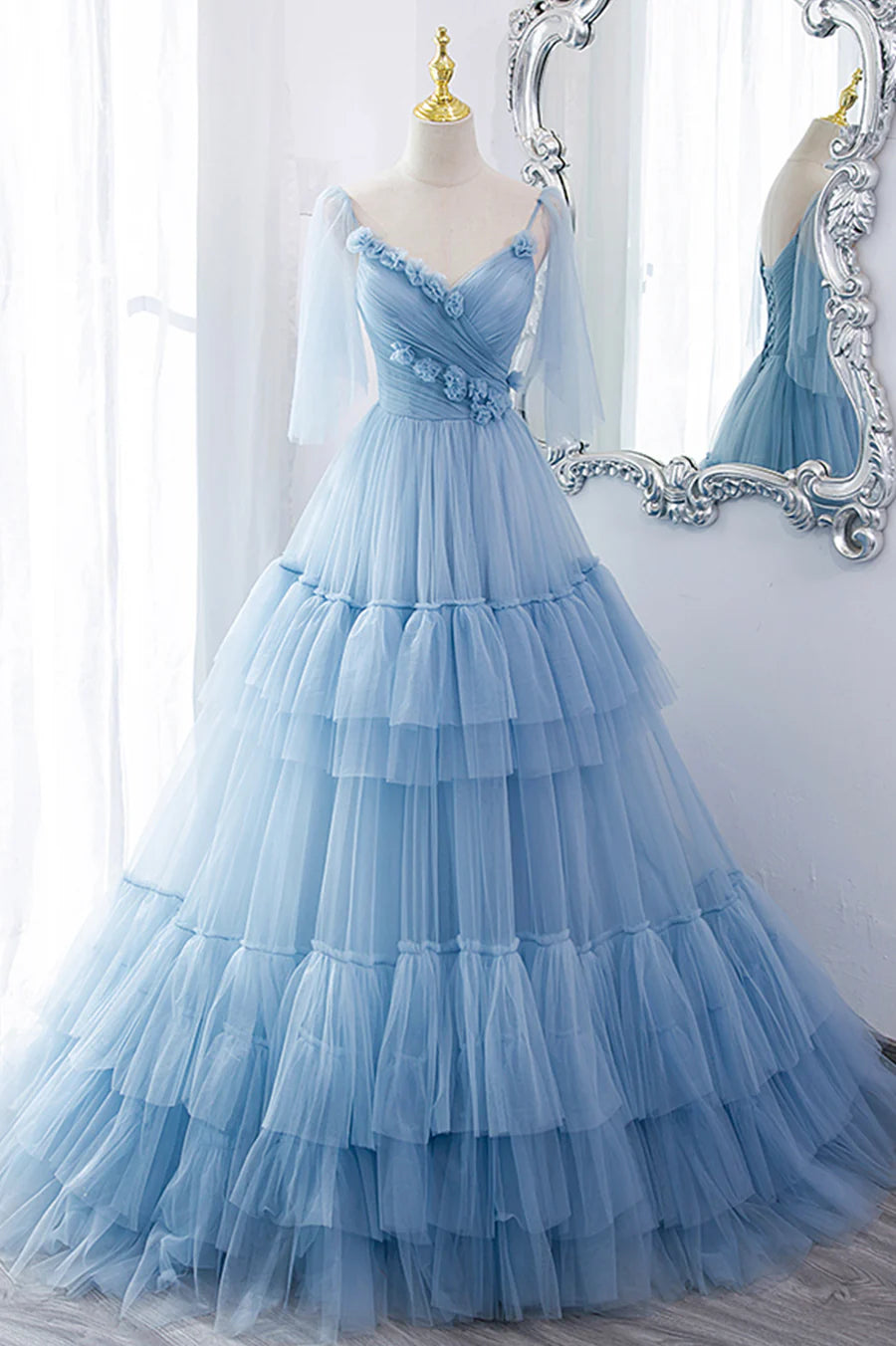 A-Line V-Neck Spaghetti Strap Flowers Tulle Long Prom Dresses Princess Dresses