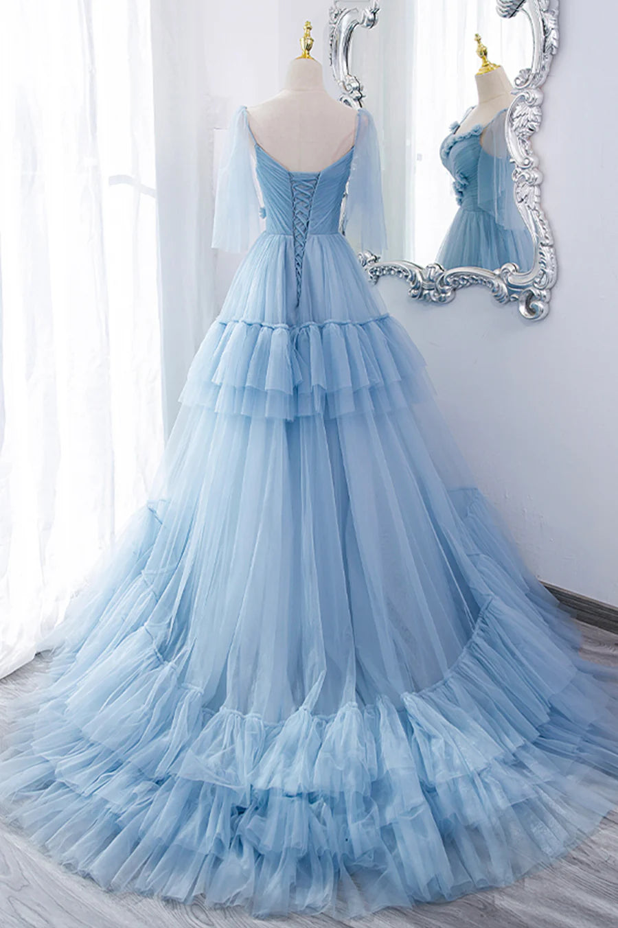 A-Line V-Neck Spaghetti Strap Flowers Tulle Long Prom Dresses Princess Dresses