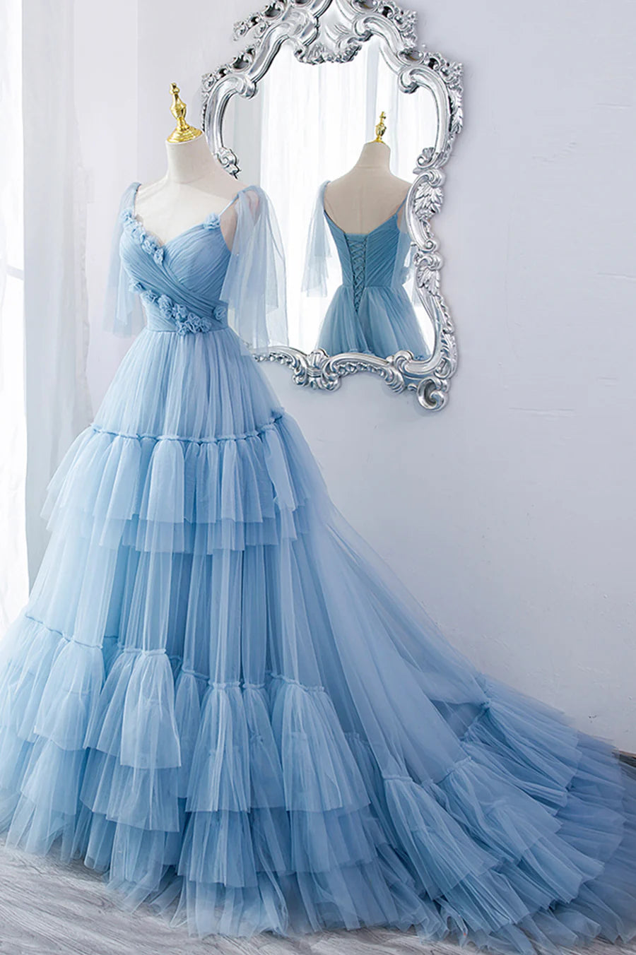 A-Line V-Neck Spaghetti Strap Flowers Tulle Long Prom Dresses Princess Dresses