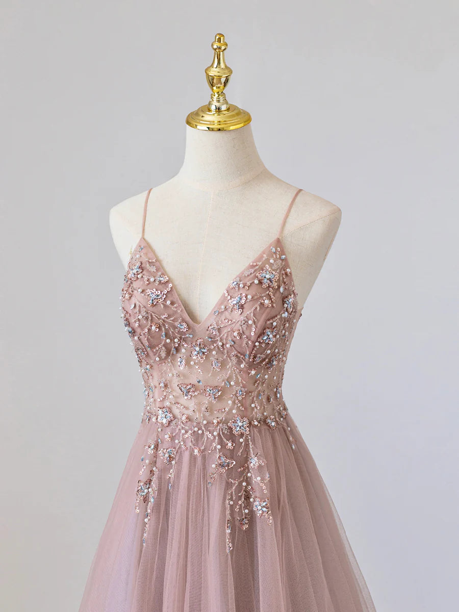 A-Line V-Neck Spaghetti Strap Sequins Tulle Pink Long Prom Dress With Beaded